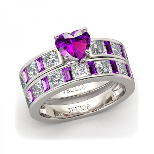 Jeulia Heart Cut Created Amethyst Sapphire Wedding Set