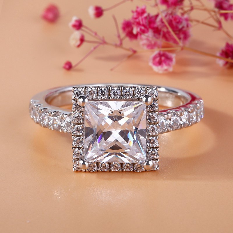 Classic Halo Princess Cut Sterling Silver Ring