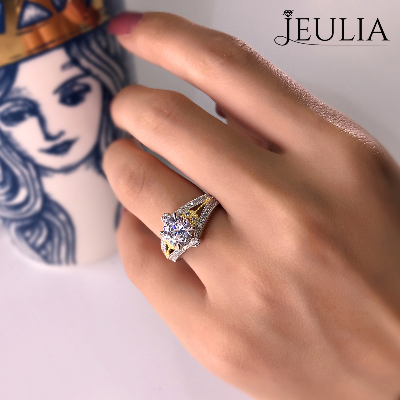 Jeulia Two Tone Leaf Design Round Cut Created White Sapphire Engagement Ring