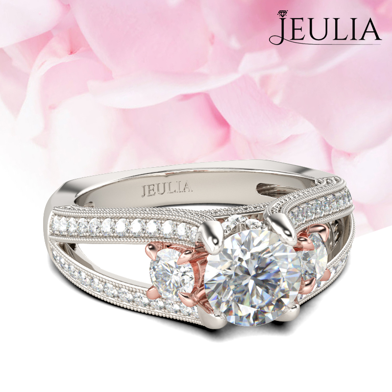 Jeulia Three Stone Two Tone Round Cut Created White Sapphire Engagement Ring