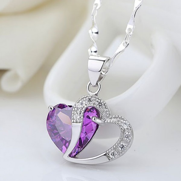 Jeulia Heart-to-Heart Amethyst 925 Sterling Silver with Amethyst Necklace