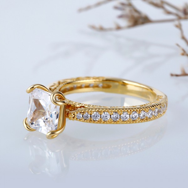 Jeulia Gold-Tone Milgrain Princess Cut Created White Sapphire Engagement Ring