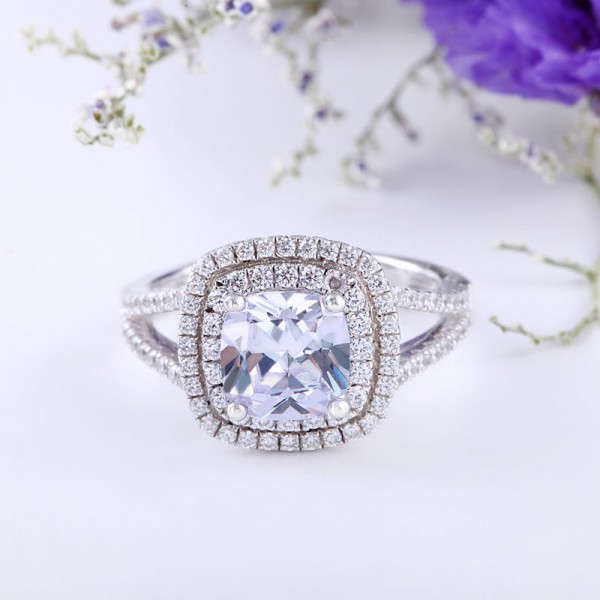 Jeulia Halo Split Shank Cushion Cut Created White Sapphire Engagement Ring