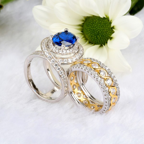 Jeulia Wide Blue Stone Oval Cut Sterling Silver Wedding Ring Set