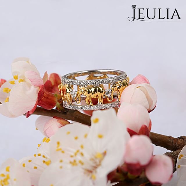 Jeulia Two Tone Round Cut Created White Sapphire Elephant Band