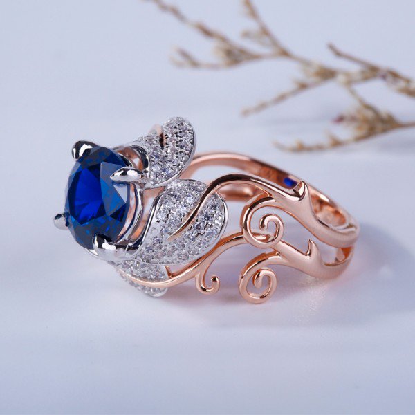 Jeulia Two Tone Vines Round Cut Created Sapphire Cocktail Ring