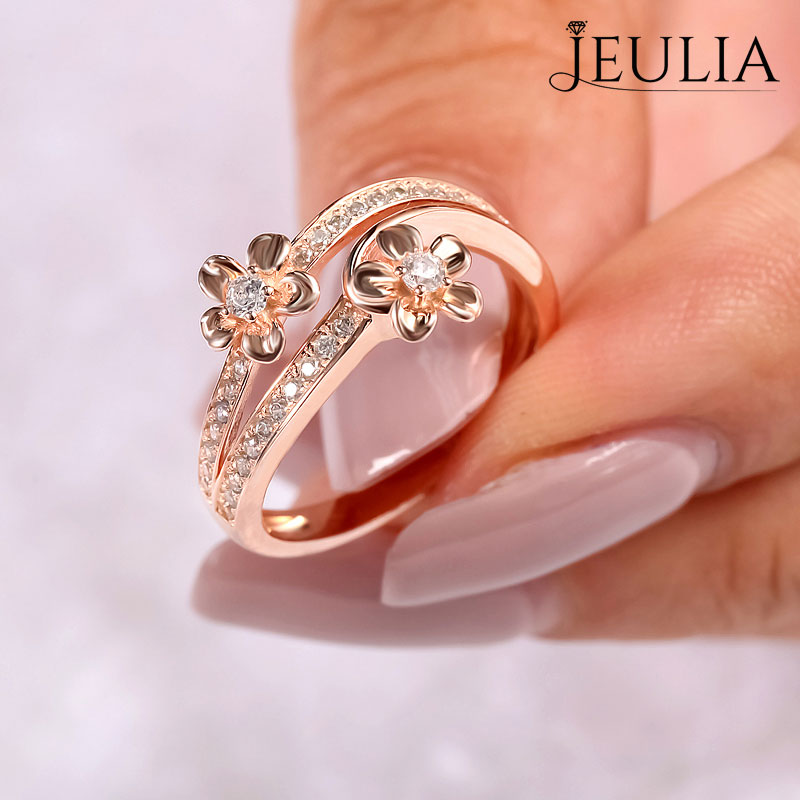 Jeulia Rose Gold Tone Flower Round Cut Sterling Silver Ring