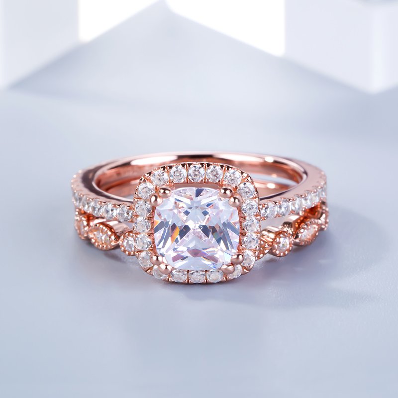 Jeulia Rose Gold Tone Halo Cushion Cut Sterling Silver Ring Set