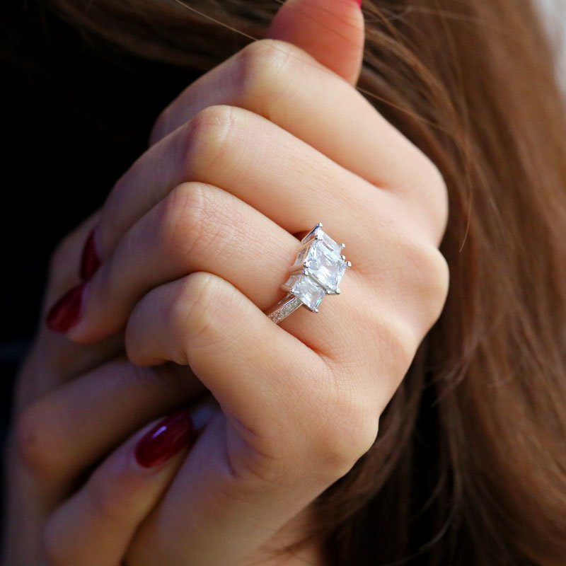 Three Stone Radiant Cut Sterling Silver Ring