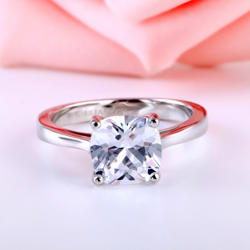 Classic Solitaire Cushion Cut Sterling Silver Engagement Ring