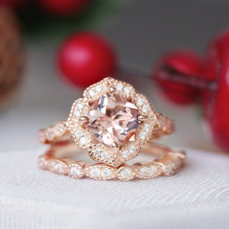 Floral Halo Cushion Cut Synthetic Morganite Sterling Silver Ring Set