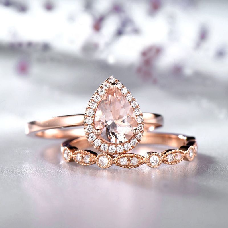 Halo Milgrain Pear Cut Synthetic Morganite Sterling Silver Ring Set