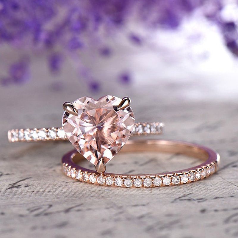 Pink Heart Cut Synthetic Morganite Sterling Silver Ring Set