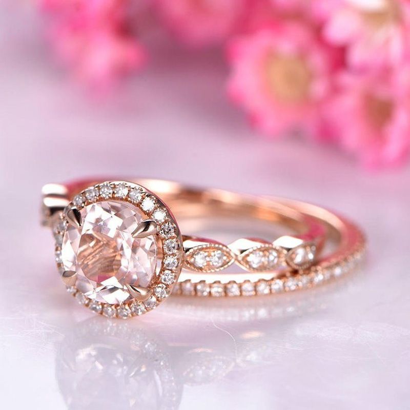 Halo Milgrain Round Cut Synthetic Morganite Sterling Silver Ring Set