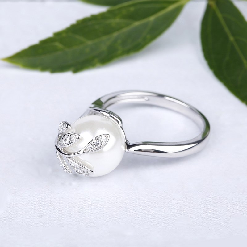 Leaf Design Faux Pearl Sterling Silver Ring