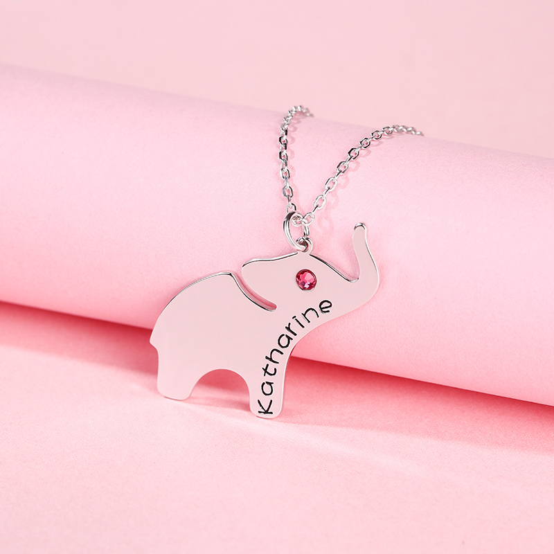 Elephant Engraved Necklace with Birthstone Sterling Silver