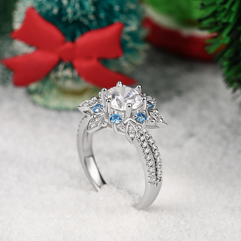 Jeulia "Shining Winter" Snowflake Round Cut Split Shank Sterling Silver Ring