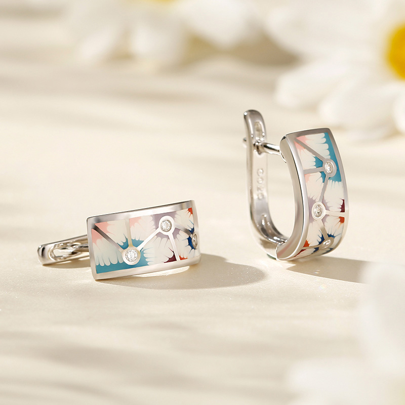  "Delightful Daisy" Enamel Sterling Silver Hoop Earrings