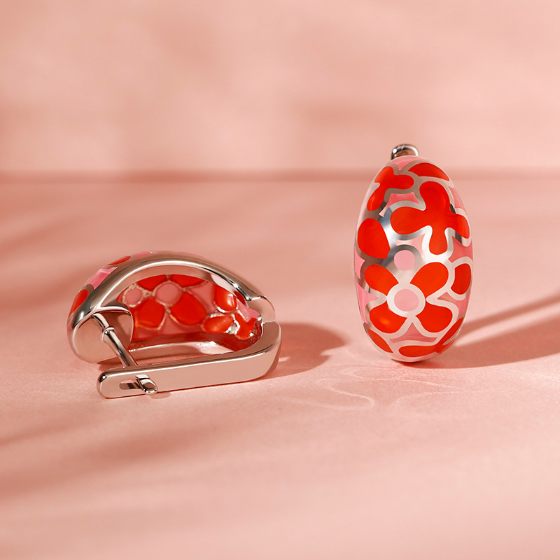 "Red Flowerlet" Enamel Sterling Silver Hoop Earrings