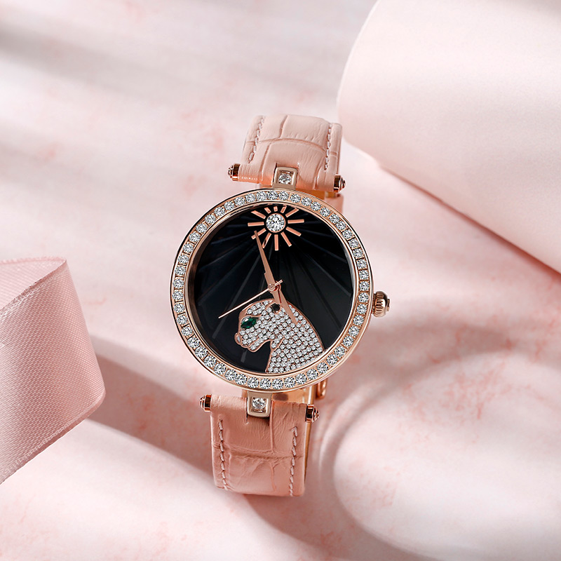 "Wild Beauty" Leopard Quartz Pink Leather Watch with Black Dial