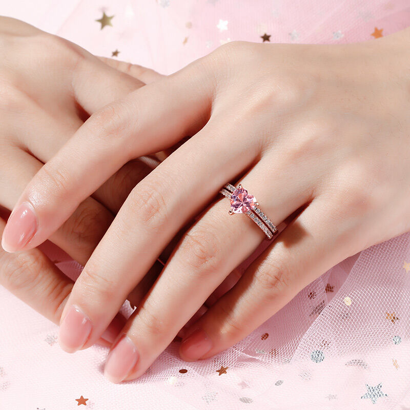 Jeulia Pink Heart Cut Synthetic Morganite Sterling Silver Ring Set