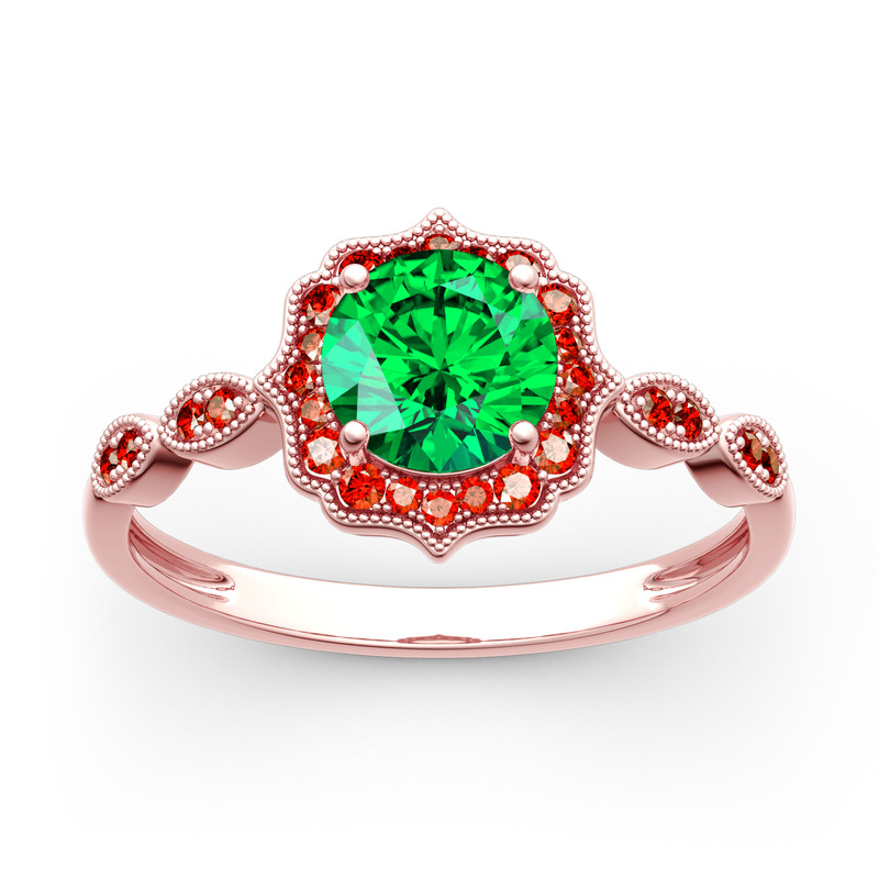 Emerald Flower Ring with Halo