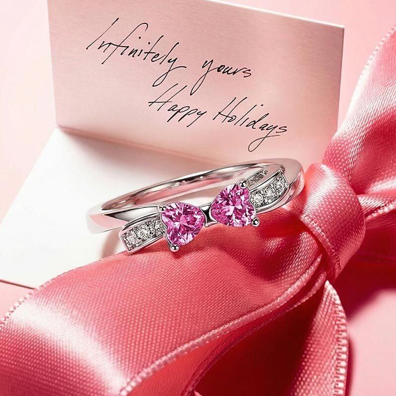 Bypass Double Pink-Heart Bow Engagement Ring