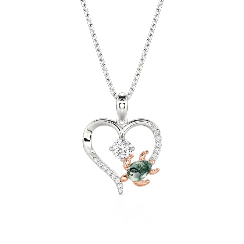 Silver Moss Agate Turtle Heart Necklace