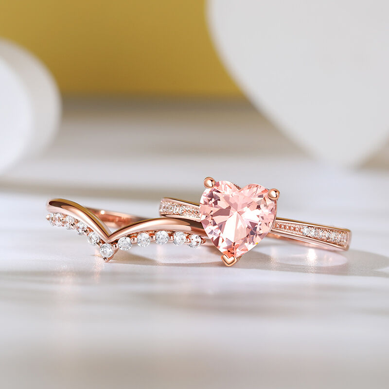 Rose Gold Heart Morganite Engagement Ring Set