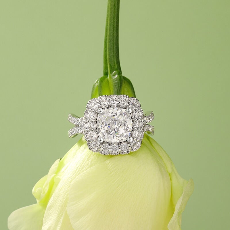 Cushion Cut Floral Double Halo Engagement Ring