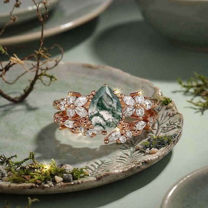 Rose Gold Pear Cut Moss Agate Ring Set