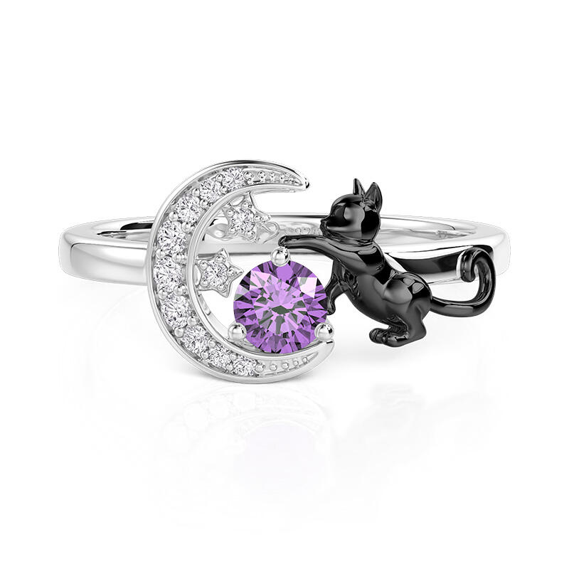 Black Cat Moon and Star Birthstone Ring