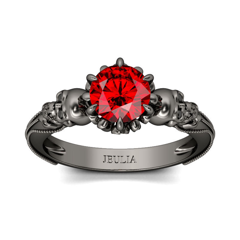 Black Round Cut Ruby Skull Ring