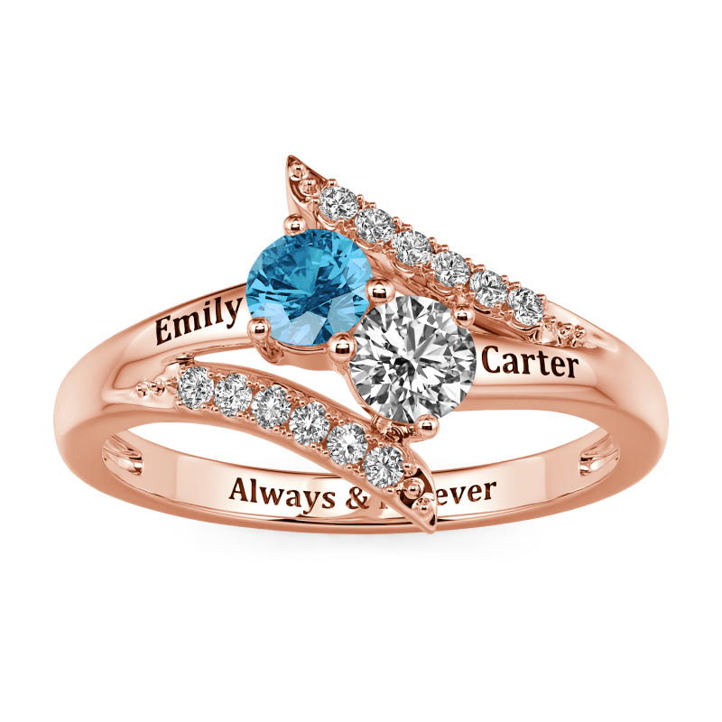Custom Double Heart Ring with Birthstone and Engraving