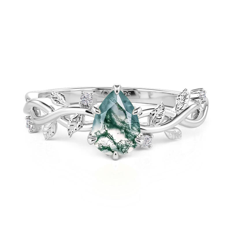 Pear Cut Moss Agate Engagement Ring