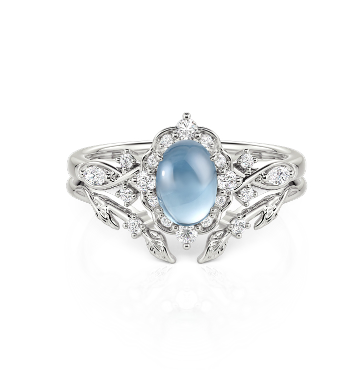 Vintage Leaf Halo Oval Blue Topaz Bridal Ring Set