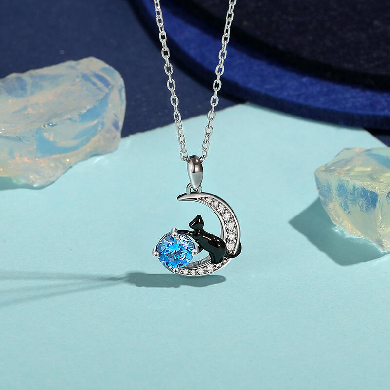 Black Cat on the Moon Birthstone Necklace