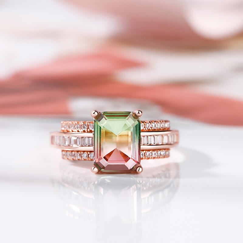 Emerald Cut Watermelon Tourmaline Ring
