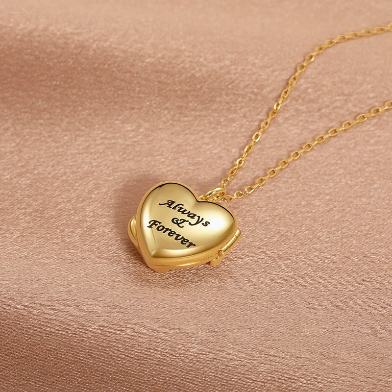 Engraved Gold Heart Photo Locket Necklace