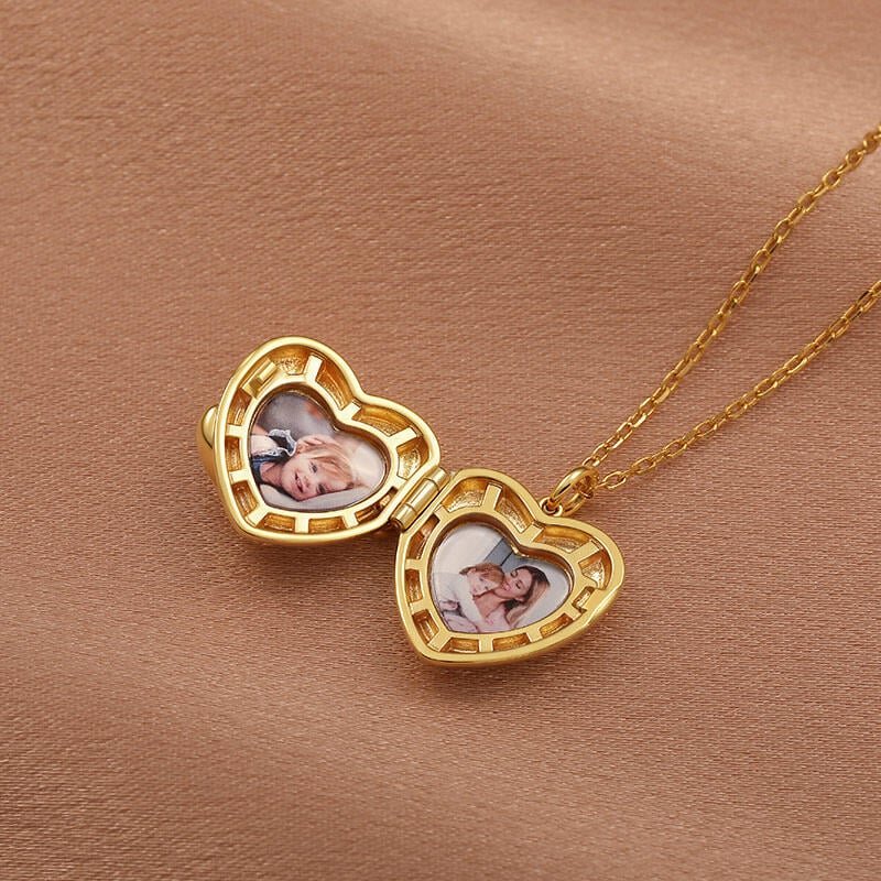 Engraved Heart Photo Locket Necklace with Birthstone