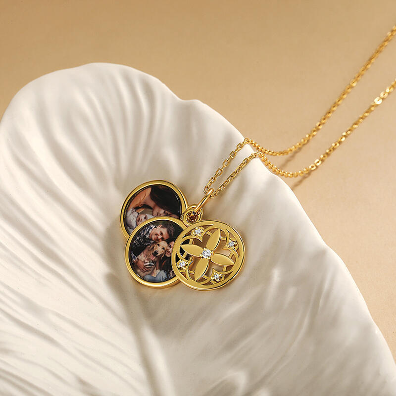 Engraved Hollow Four Leaf Clover Photo Necklace