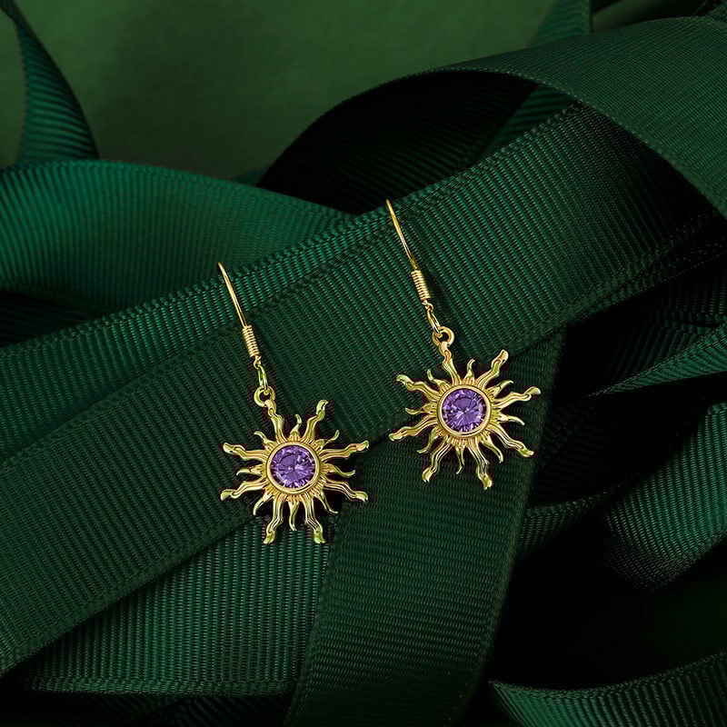 February Amethyst Stone Gold Sun Earrings