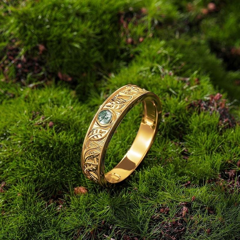 Gold Engraved Moss Agate Wedding Ring for Men