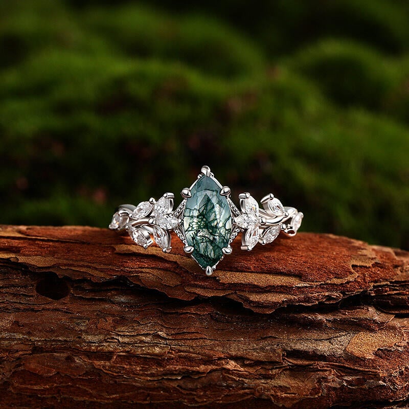 Marquise Cut Moss Agate Engagement Ring