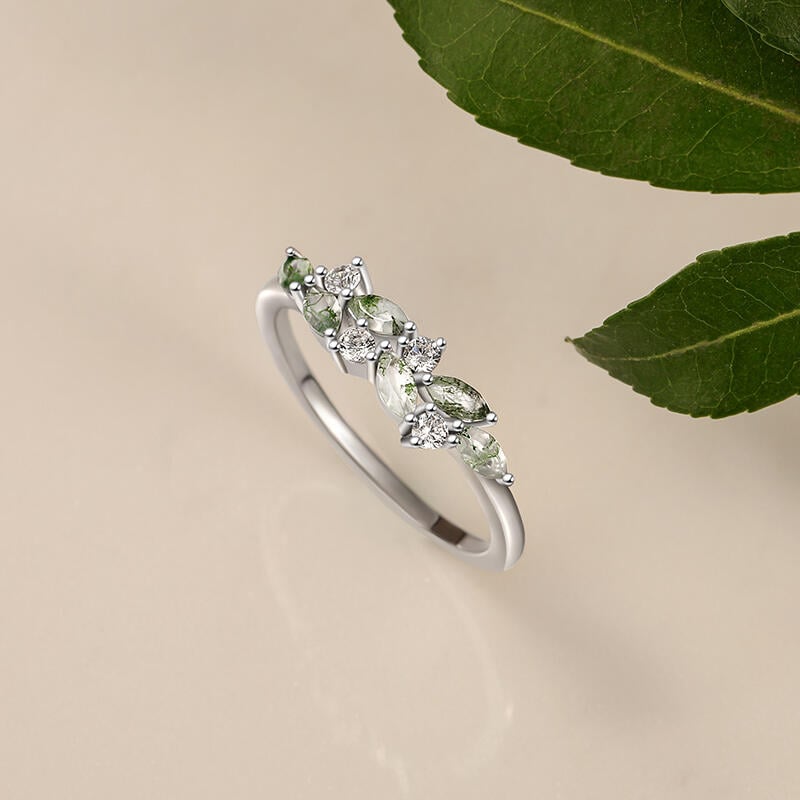 Marquise Cut Moss Agate Wedding Band