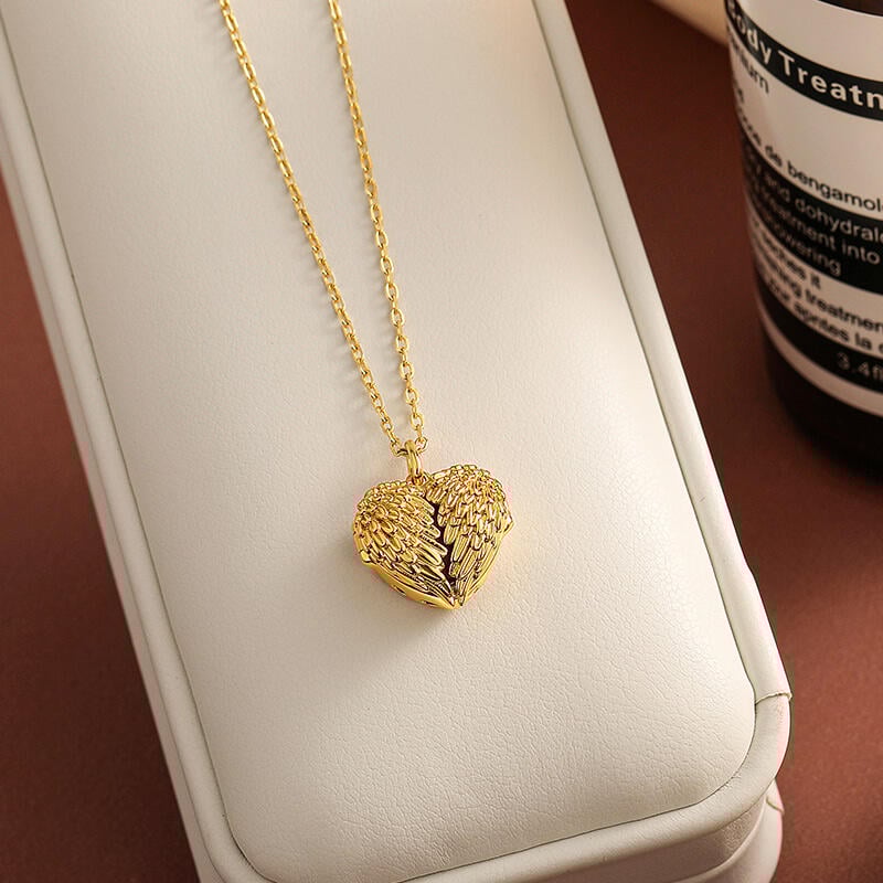 Personalized Gold Angel Wings Heart Photo Necklace
