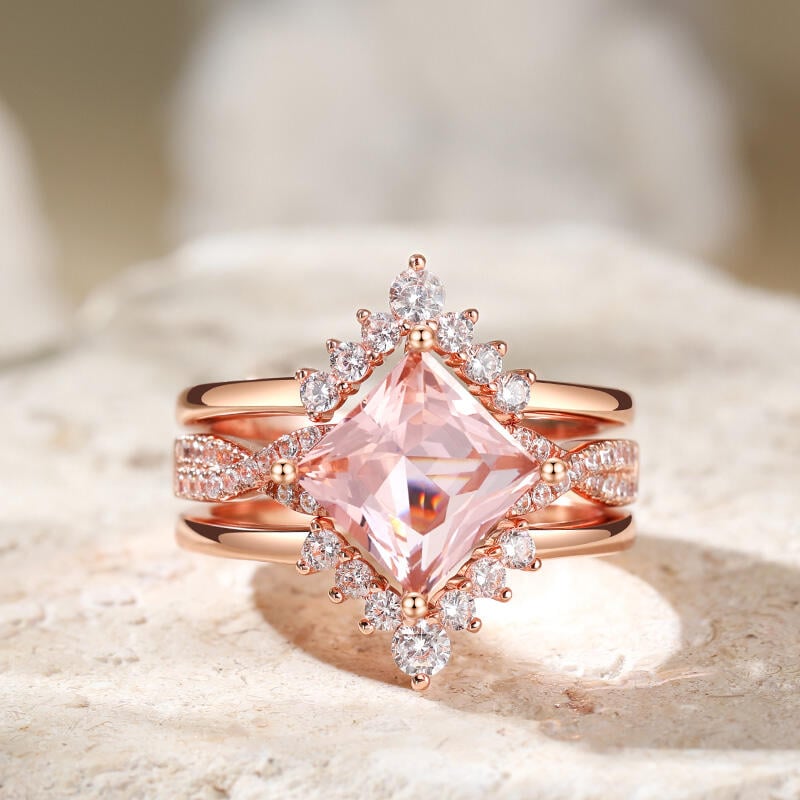 Princess Cut Synthetic Morganite Ring Set