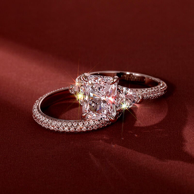 Three Stone Radiant Cut Engagement Ring Set