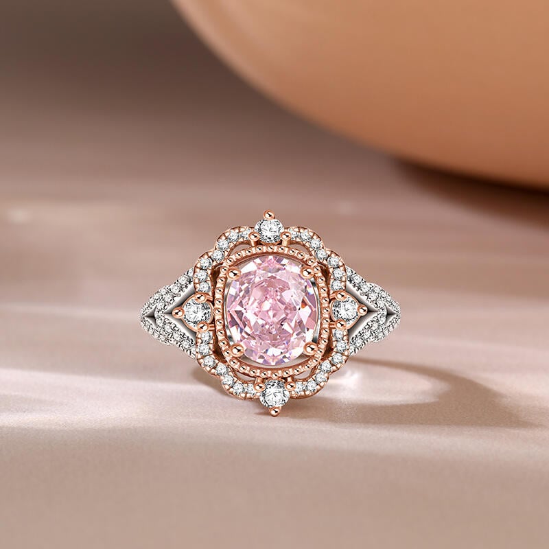 Two Tone Halo Oval Cut Morganite Engagement Ring