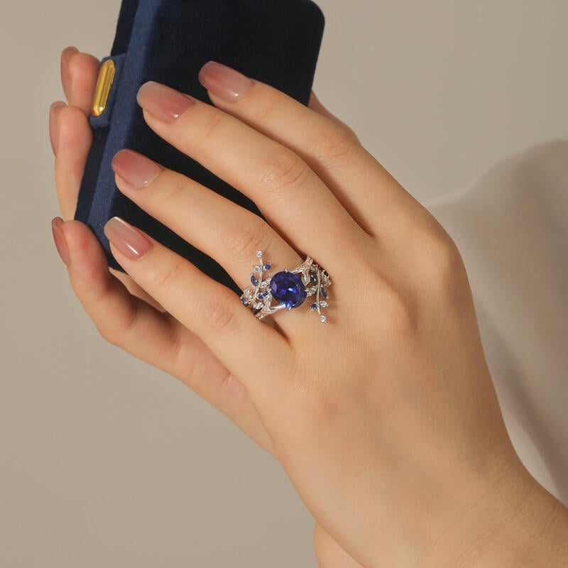 Vintage Cubic Leaf Sapphire Ring Set